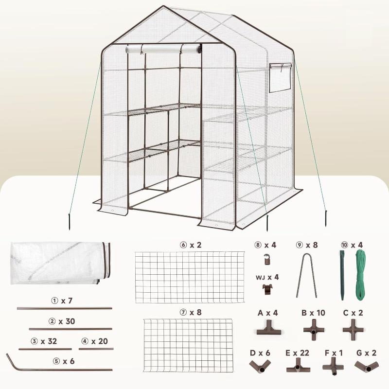 Sekey Begehbares Foliengewächshaus mit 10 Regalen, 143 cm x 143 cm x 195 cm