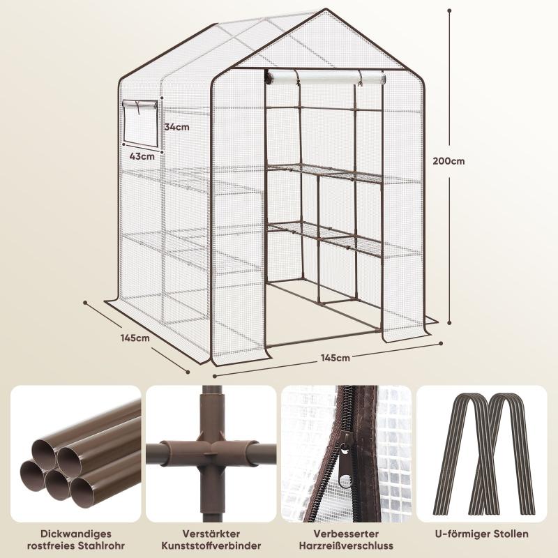Sekey Begehbares Foliengewächshaus mit 10 Regalen, 143 cm x 143 cm x 195 cm