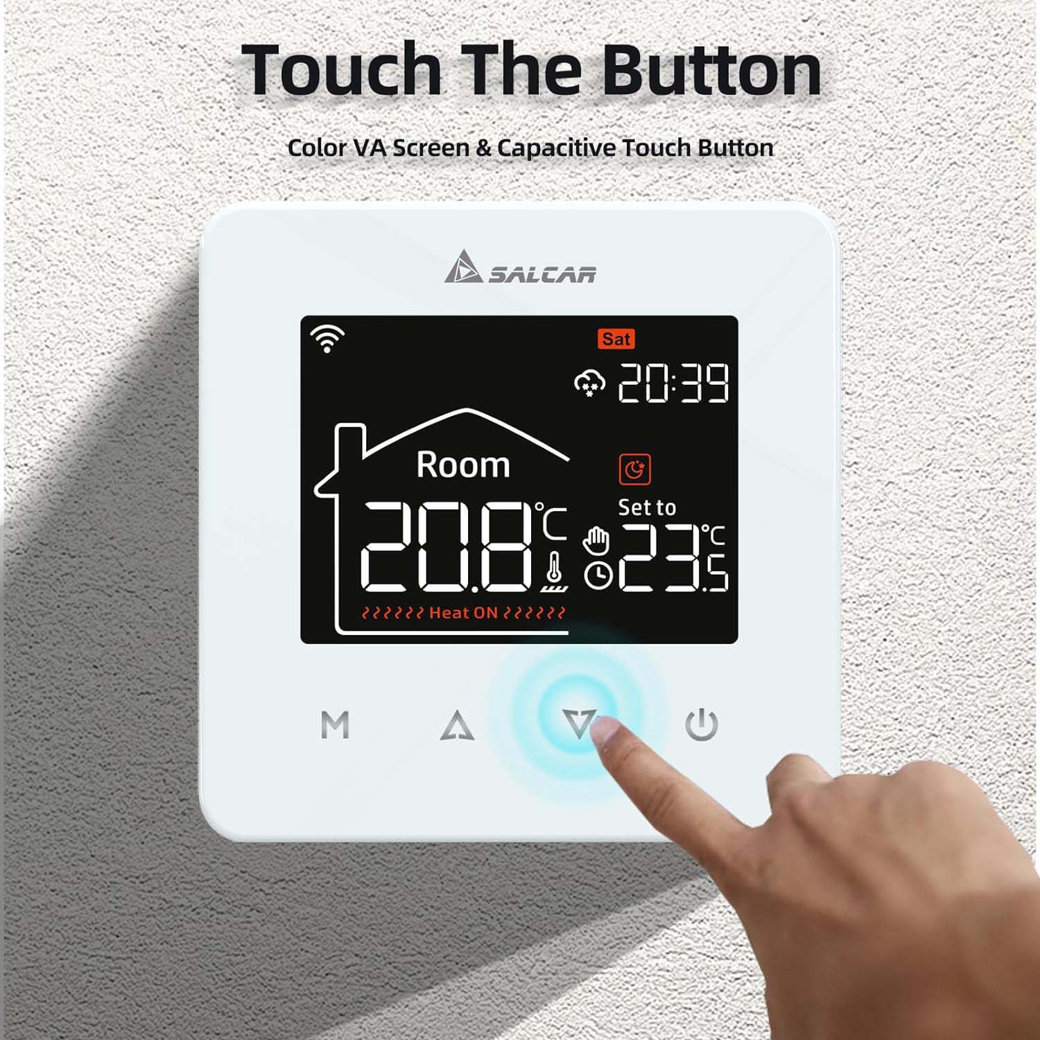 SALCAR Smart WLAN Raumthermostat für Elektrische Fußbodenheizung – 16A Touchscreen Thermostat mit LCD-Display, App- & Sprachsteuerung, Kompatibel mit Alexa & Tuya, Weiß, Programmierbar