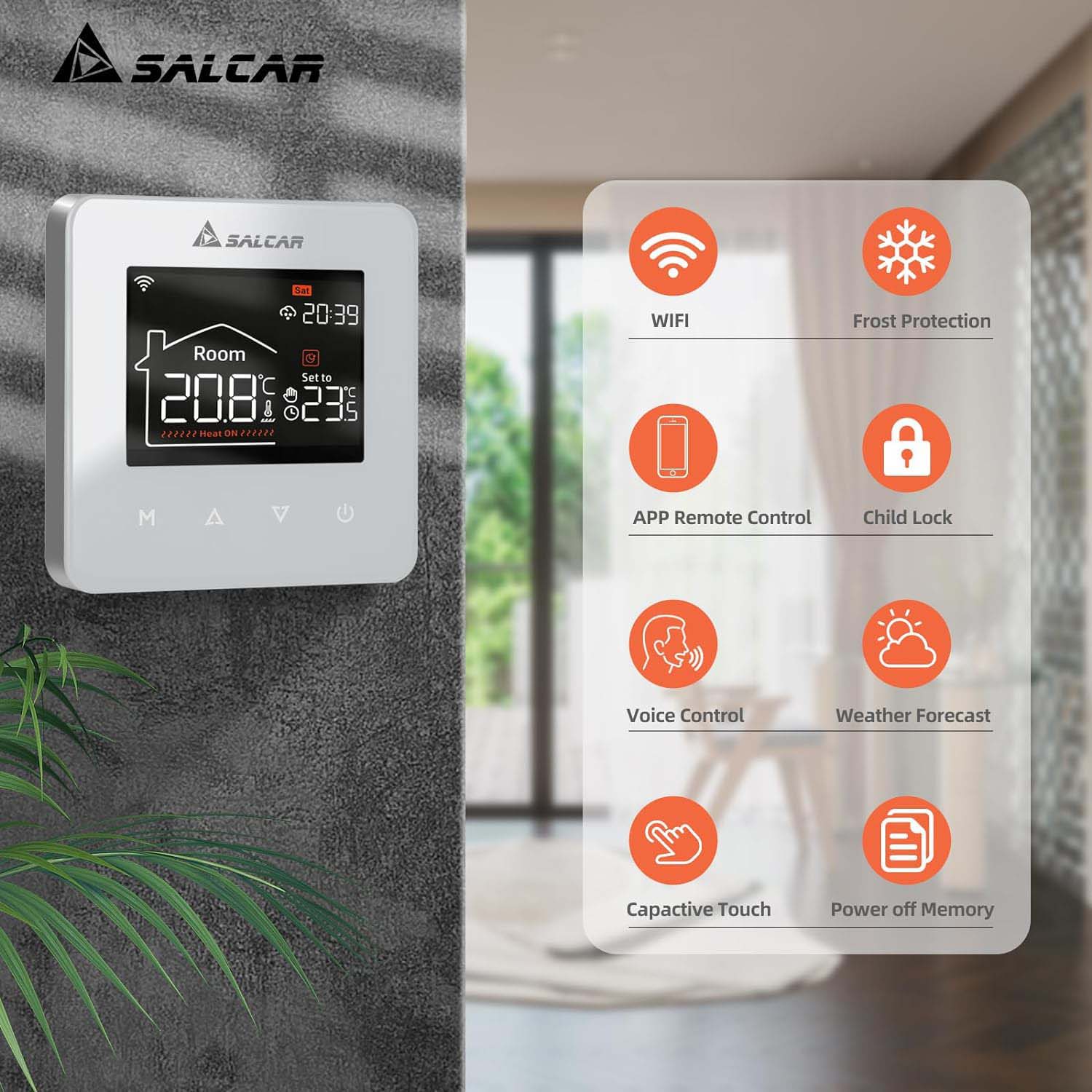 SALCAR Smart WLAN Raumthermostat für Elektrische Fußbodenheizung – 16A Touchscreen Thermostat mit LCD-Display, App- & Sprachsteuerung, Kompatibel mit Alexa & Tuya, Weiß, Programmierbar