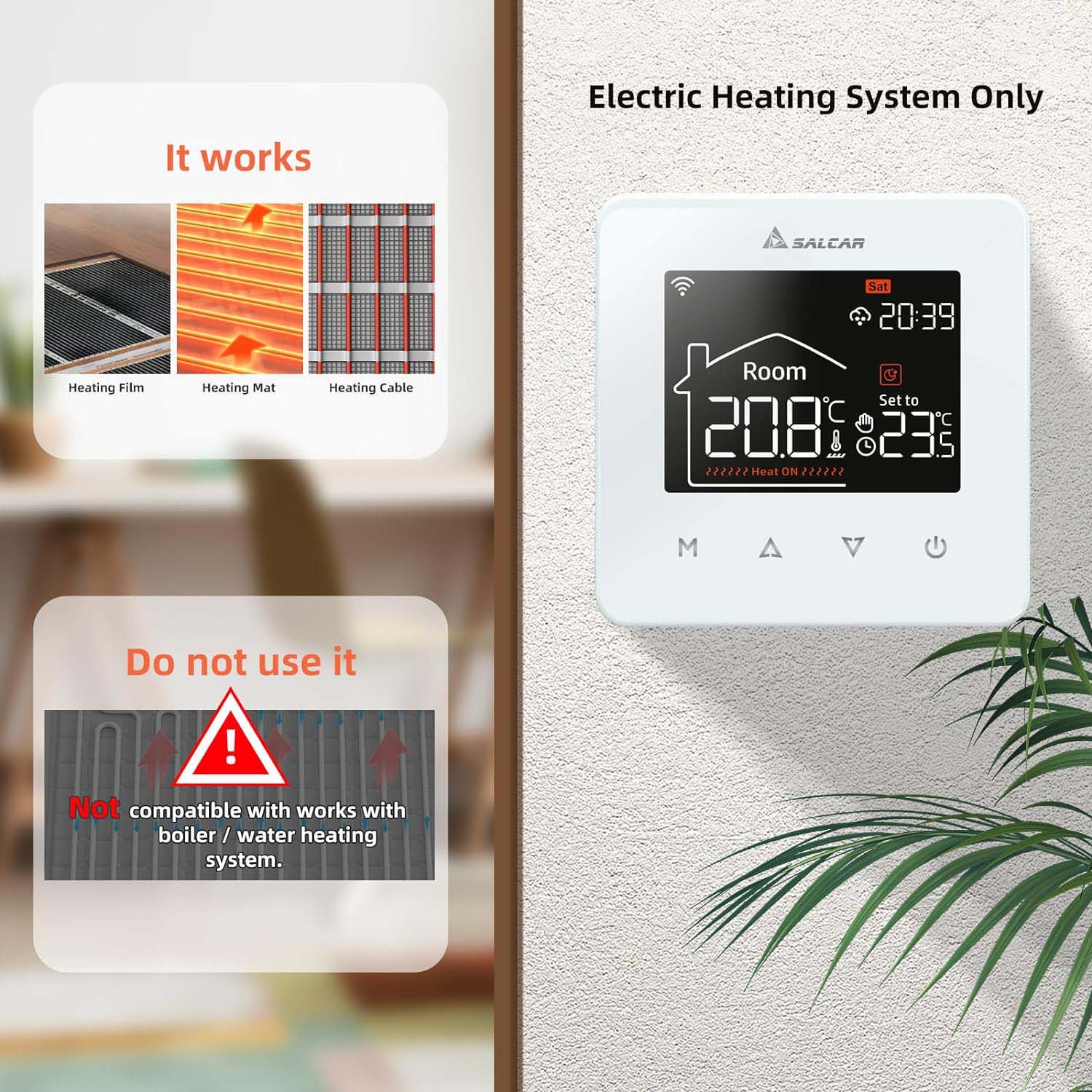 SALCAR Smart WLAN Raumthermostat für Elektrische Fußbodenheizung – 16A Touchscreen Thermostat mit LCD-Display, App- & Sprachsteuerung, Kompatibel mit Alexa & Tuya, Weiß, Programmierbar