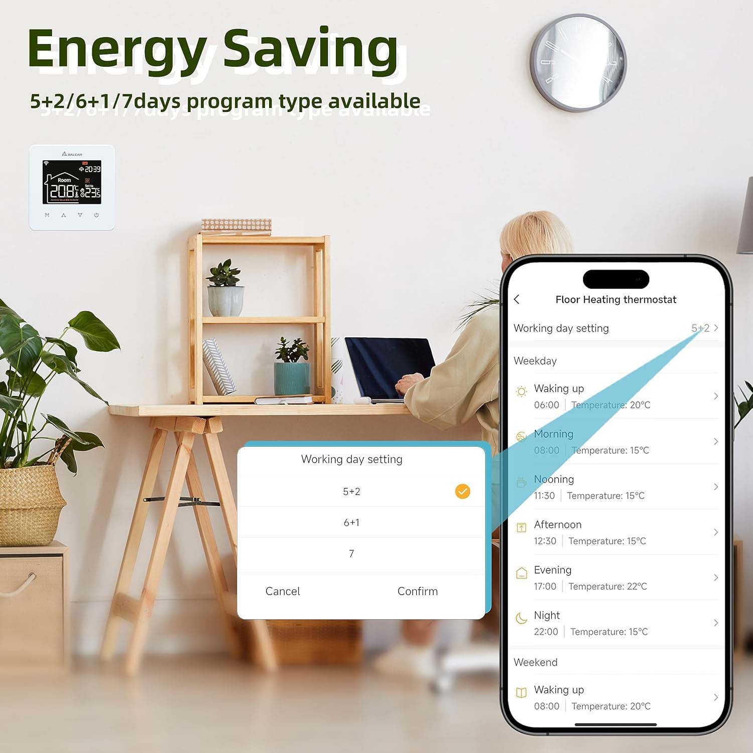 SALCAR Smart WLAN Raumthermostat für Elektrische Fußbodenheizung – 16A Touchscreen Thermostat mit LCD-Display, App- & Sprachsteuerung, Kompatibel mit Alexa & Tuya, Weiß, Programmierbar