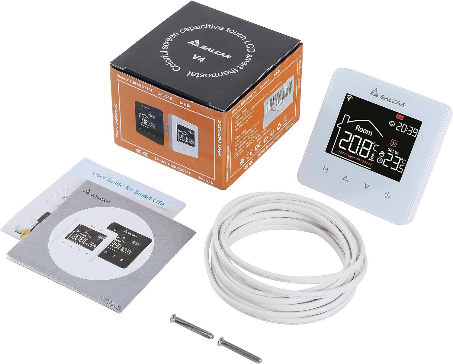 SALCAR Smart WLAN Raumthermostat für Elektrische Fußbodenheizung – 16A Touchscreen Thermostat mit LCD-Display, App- & Sprachsteuerung, Kompatibel mit Alexa & Tuya, Weiß, Programmierbar