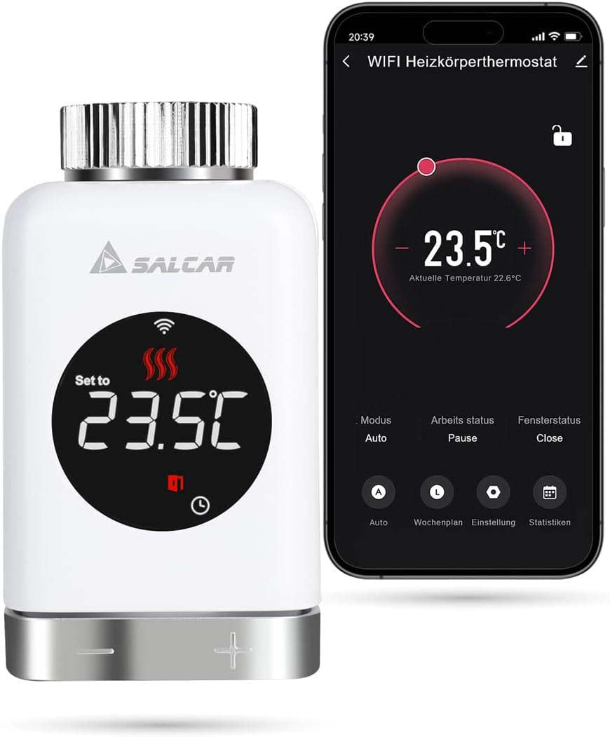 SALCAR Smart Heizkörperthermostat TRV801W – WLAN Thermostat mit LCD-Display, Kompatibel mit Alexa & Google Home, App-Steuerung über Tuya, Kein Gateway Erforderlich