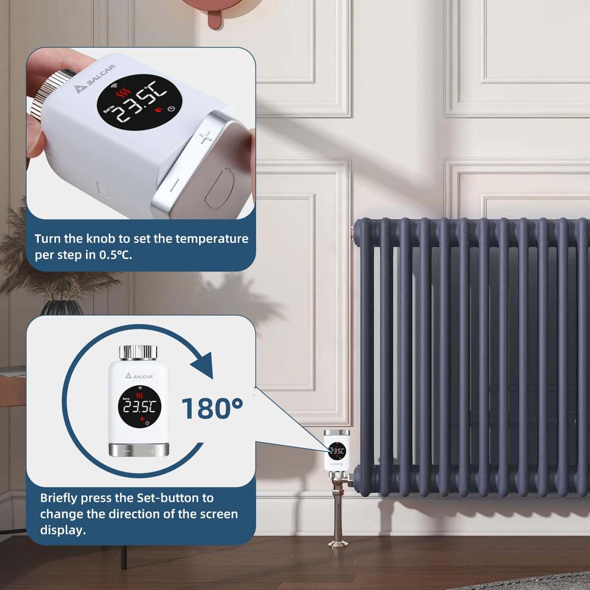 SALCAR WLAN Heizkörperthermostat – Smartes Thermostat für Heizkörper, Kompatibel mit Alexa & Google Assistant, App-Steuerung über Tuya, Programmierbar, Kein Gateway Erforderlich