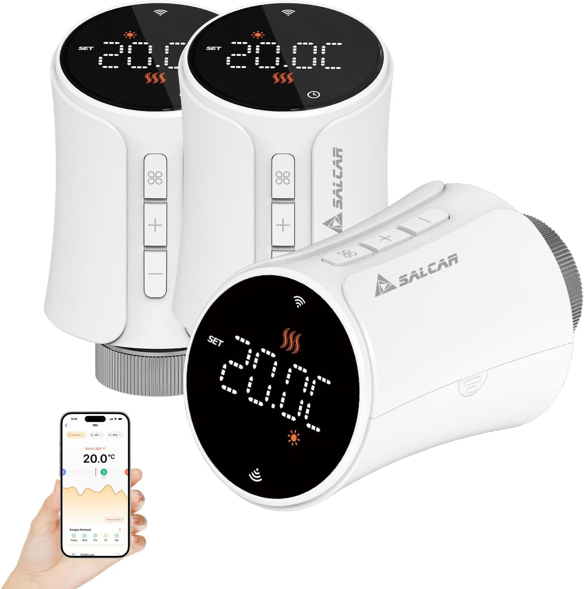 Salcar TRV706W Smartes Heizkörperthermostat 3er Set – WLAN Thermostat mit Tuya App, programmierbar, kompatibel mit Amazon Alexa & Google Home, ohne Gateway, inkl. 9 Batterien