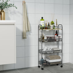 Sekey Rollwagen mit 4 Ebenen – Küchenwagen & Nischenregal auf Rollen, Stahl mit rostfester Lackierung & MDF-Oberplatte, 360°-Räder mit Griff, werkzeugloser Aufbau, platzsparender Aufbewahrungswagen für Küche, Bad & kleine Räume – Dunkelgrau Sekey