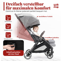 Sekey BW732 Reise-Kinderwagen – Ultraleicht & Einhand-klappbar | 3-fach verstellbare Rückenlehne, 4-Rad-Federung, Regenschutz, 5-Punkt-Gurt, Handgepäckgeeignet