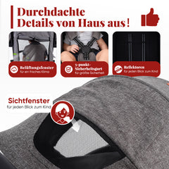 Sekey BW732 Reise-Kinderwagen – Ultraleicht & Einhand-klappbar | 3-fach verstellbare Rückenlehne, 4-Rad-Federung, Regenschutz, 5-Punkt-Gurt, Handgepäckgeeignet