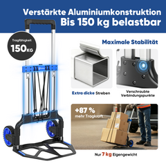 Sekey Klappbare Sackkarre 150 kg – Verstärkter Alurahmen, XXL Anti-Rutsch-Ladefläche, TPR-Räder, höhenverstellbarer Griff & 1-Sekunden-Faltung inkl. 2 Expanderseilen