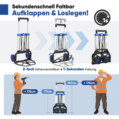 Sekey Klappbare Sackkarre 150 kg – Verstärkter Alurahmen, XXL Anti-Rutsch-Ladefläche, TPR-Räder, höhenverstellbarer Griff & 1-Sekunden-Faltung inkl. 2 Expanderseilen