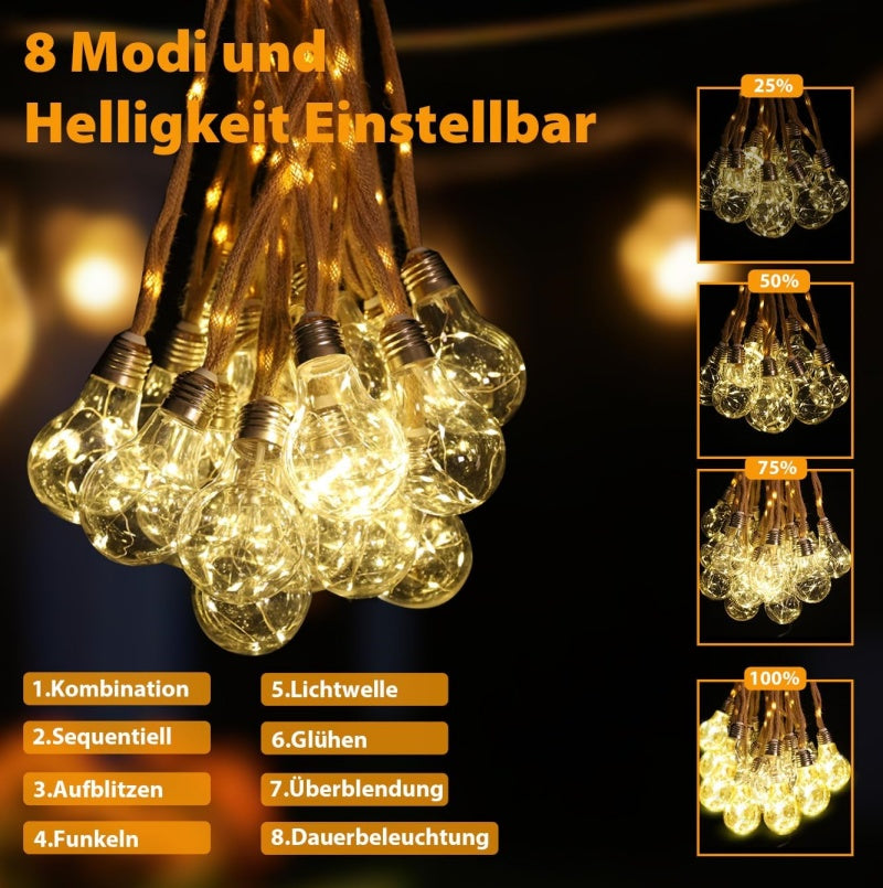 Salcar 5m/10m solar LED hemp rope fairy lights with 10/20 bulbs, 149/299 LEDs