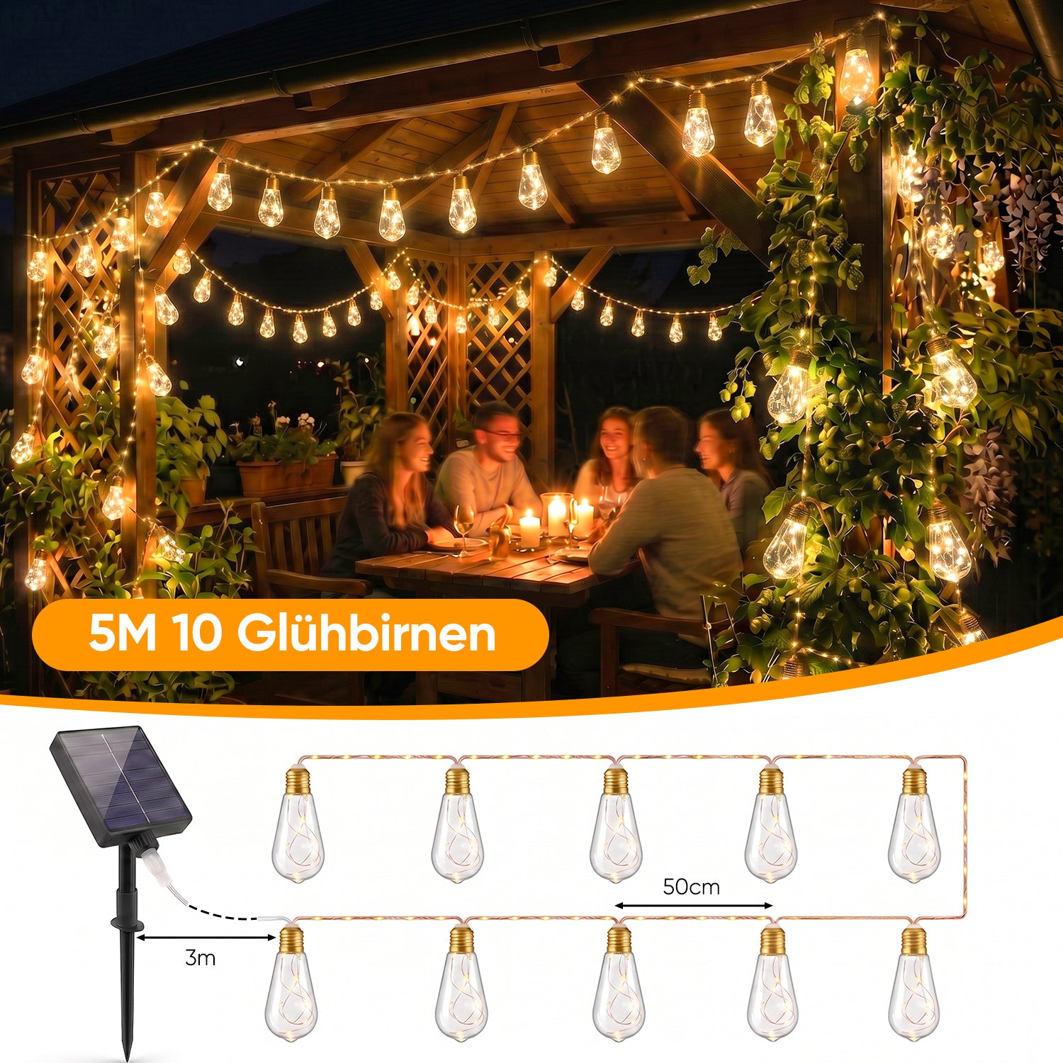 Detailansicht der langen Vintage-Glühbirnen mit 149 warmweißen LEDs an dekorativem Hanfseil
