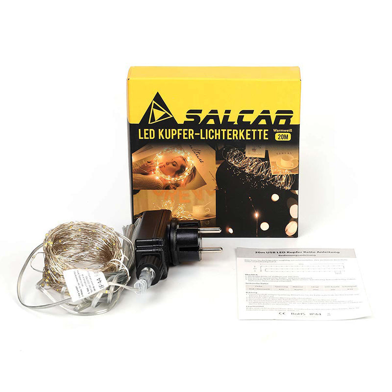 Salcar 20 m LED Micro Lichterkette, 200 LEDs, 4,5V GS zertifizierte Stromversorgung