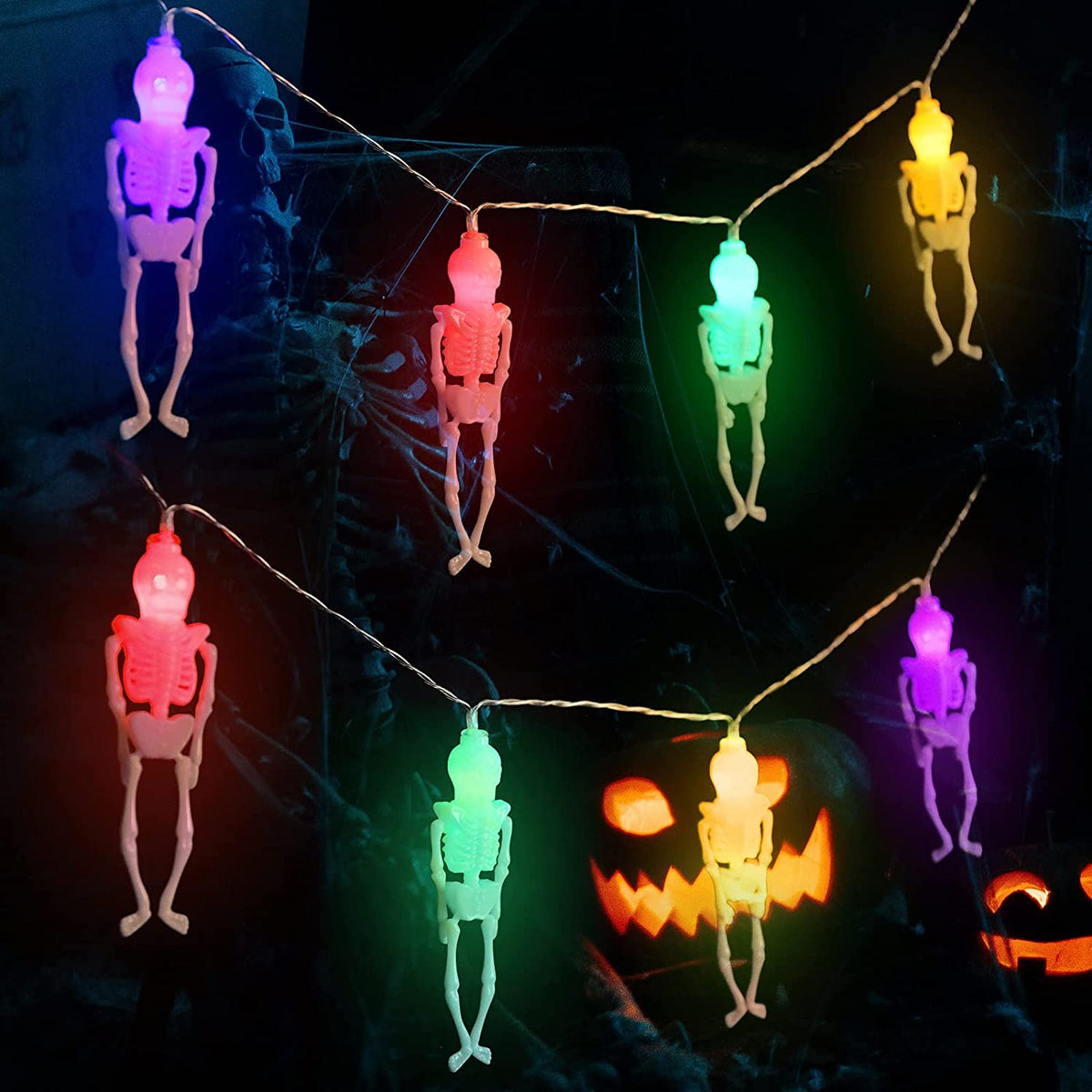 Salcar Halloween Skelett Lichterkette 1,8m – 10 LED Bunte Beleuchtung mit Batteriebetrieb, IP20 Wasserdicht, Gruselige Halloween Dekoration für Garten & Party