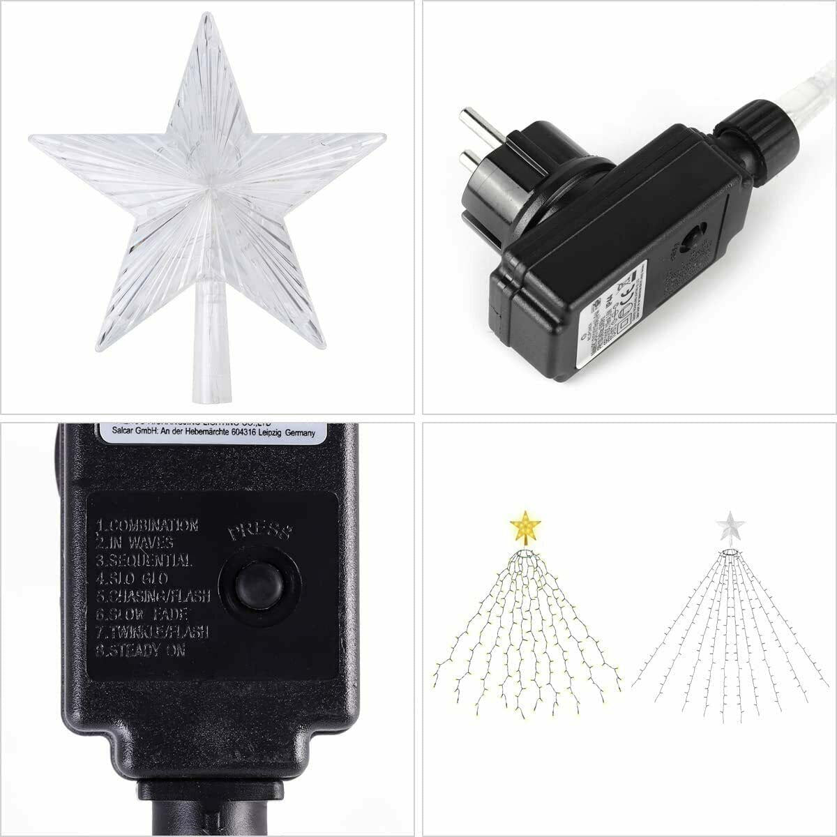 SALCAR 3m LED Weihnachtsbaum-Lichterkette mit 10 Girlanden, Sternspitze & 360 LEDs – 8 Modi, Warmweiß, Sicher & Energiesparend
