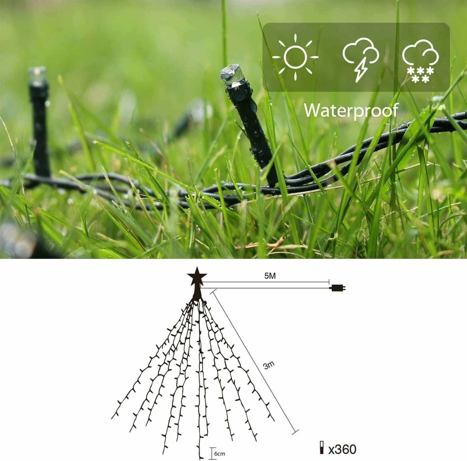SALCAR 3m LED Weihnachtsbaum-Lichterkette mit 10 Girlanden, Sternspitze & 360 LEDs – 8 Modi, Warmweiß, Sicher & Energiesparend