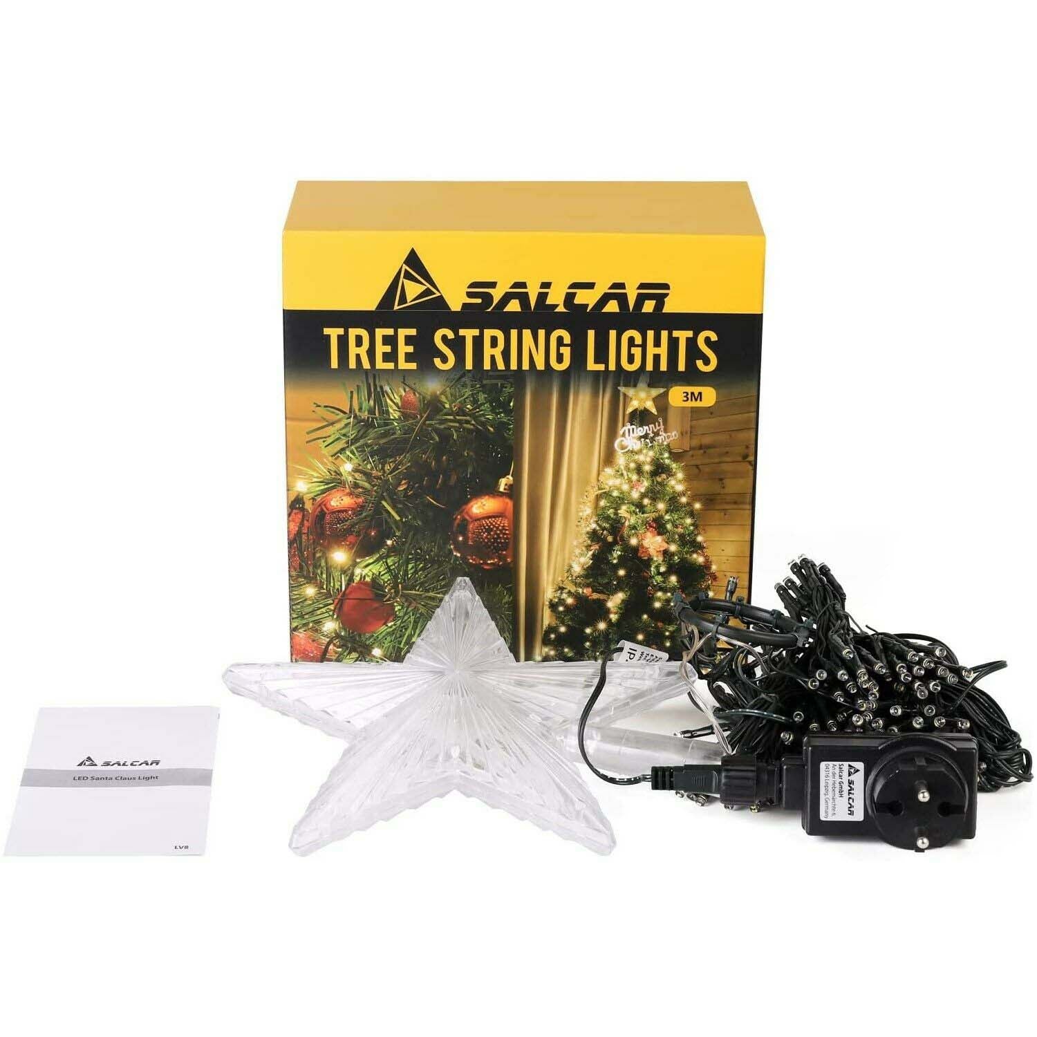 SALCAR 3m LED Weihnachtsbaum-Lichterkette mit 10 Girlanden, Sternspitze & 360 LEDs – 8 Modi, Warmweiß, Sicher & Energiesparend