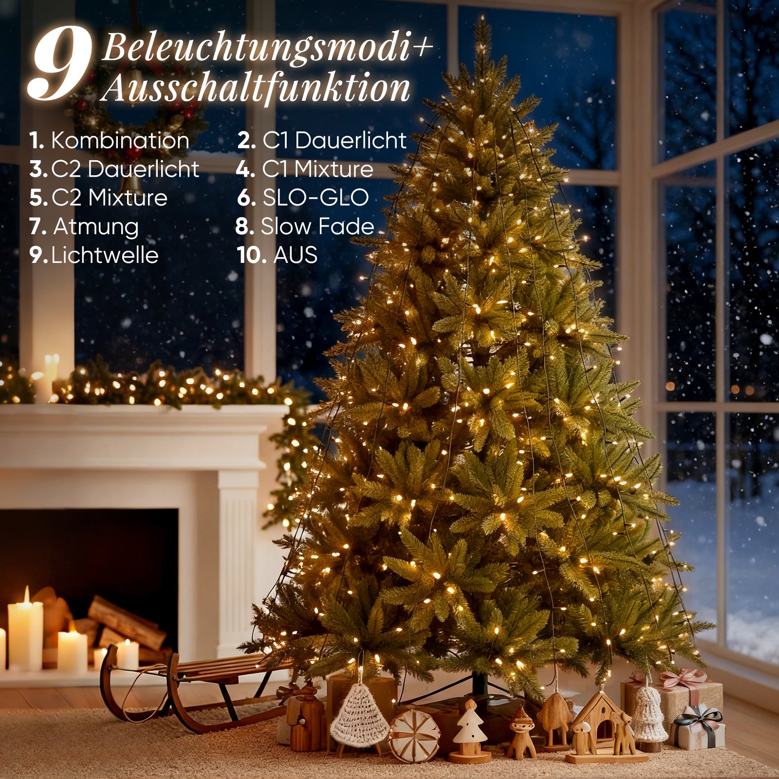 SALCAR Weihnachtsbaum Lichterkette mit Ring & Girlanden – Warmweiß & Bunt, 9 Modi, Timer & Speicherfunktion, IP44 Wasserdicht – Für 0,9m bis 3,5m Tannenbäume