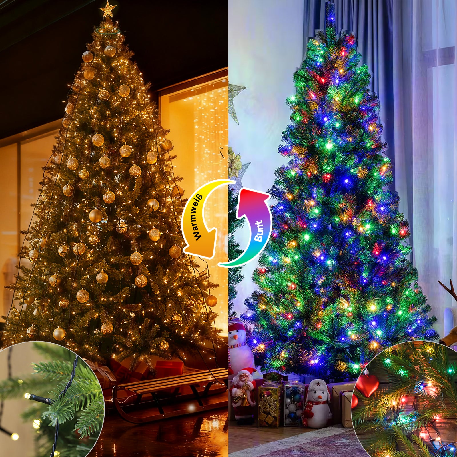SALCAR Weihnachtsbaum Lichterkette mit Ring & Girlanden – Warmweiß & Bunt, 9 Modi, Timer & Speicherfunktion, IP44 Wasserdicht – Für 0,9m bis 3,5m Tannenbäume