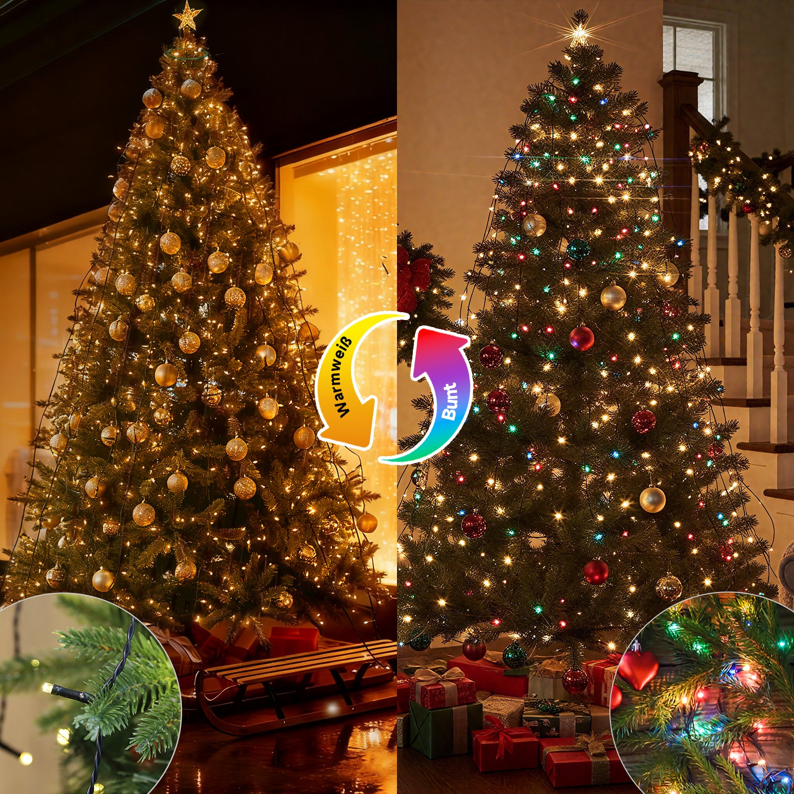 SALCAR Weihnachtsbaum Lichterkette mit Ring & Girlanden – Warmweiß & Bunt, 9 Modi, Timer & Speicherfunktion, IP44 Wasserdicht – Für 0,9m bis 3,5m Tannenbäume