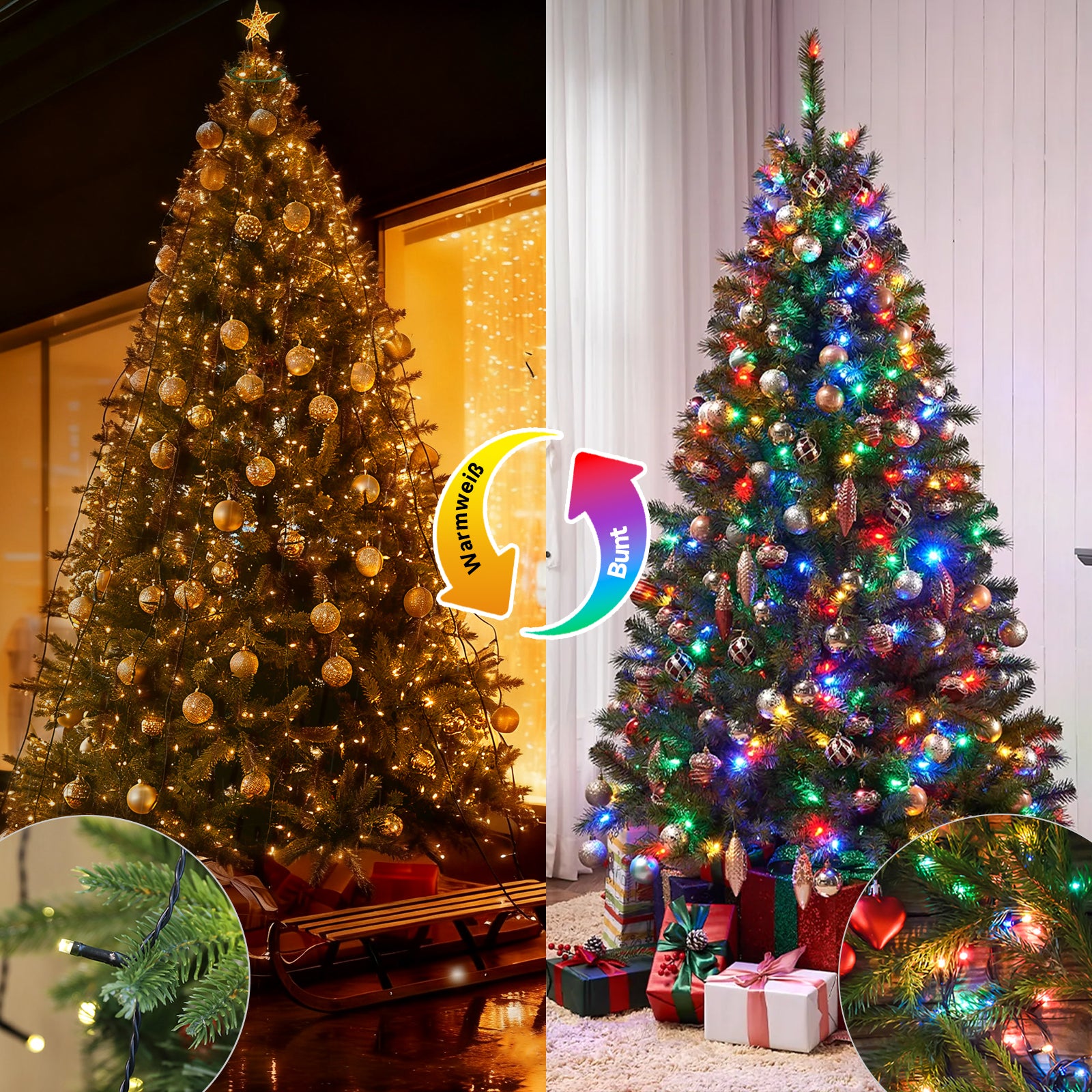 SALCAR Weihnachtsbaum Lichterkette mit Ring & Girlanden – Warmweiß & Bunt, 9 Modi, Timer & Speicherfunktion, IP44 Wasserdicht – Für 0,9m bis 3,5m Tannenbäume