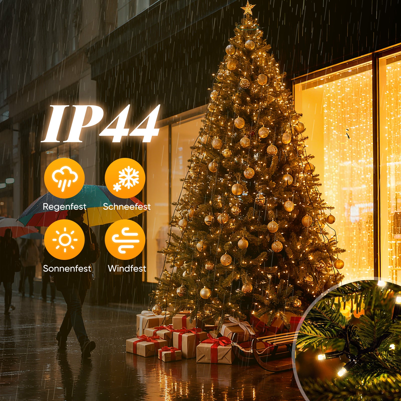 SALCAR Weihnachtsbaum Lichterkette mit Ring & Girlanden – Warmweiß & Bunt, 9 Modi, Timer & Speicherfunktion, IP44 Wasserdicht – Für 0,9m bis 3,5m Tannenbäume