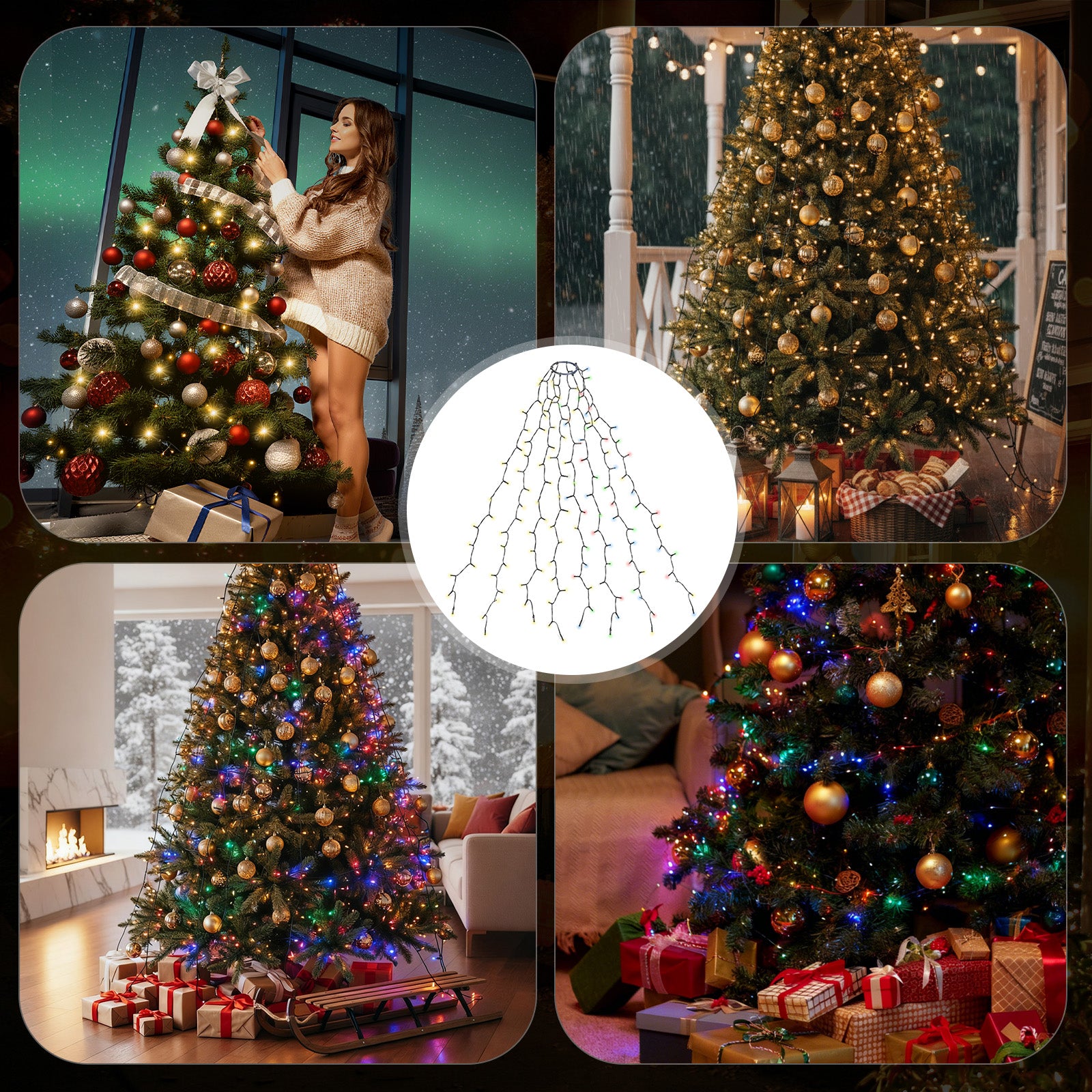 SALCAR Weihnachtsbaum Lichterkette mit Ring & Girlanden – Warmweiß & Bunt, 9 Modi, Timer & Speicherfunktion, IP44 Wasserdicht – Für 0,9m bis 3,5m Tannenbäume