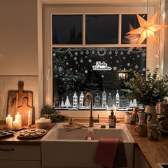 Salcar Weihnachts dekohäuschen Fensterbilder 9 Bögen – Winterliche Kanalhäuser, Tannenbäume & Schneeflocken, Wiederverwendbare Fenstersticker aus PVC für Fenster & Glas