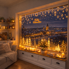 Salcar Weihnachts dekohäuschen Fensterbilder 9 Bögen – Winterliche Kanalhäuser, Tannenbäume & Schneeflocken, Wiederverwendbare Fenstersticker aus PVC für Fenster & Glas