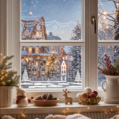 Salcar Weihnachts dekohäuschen Fensterbilder 9 Bögen – Winterliche Kanalhäuser, Tannenbäume & Schneeflocken, Wiederverwendbare Fenstersticker aus PVC für Fenster & Glas