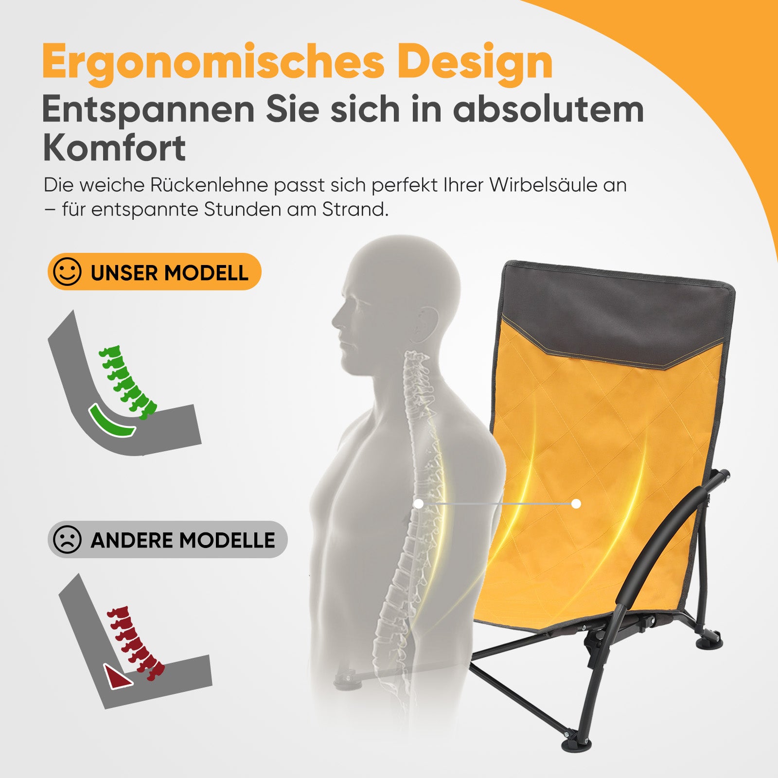 Faltbarer Strandliegestuhl mit gepolsterten Armlehnen – Leichter Campingstuhl bis 200 kg belastbar
