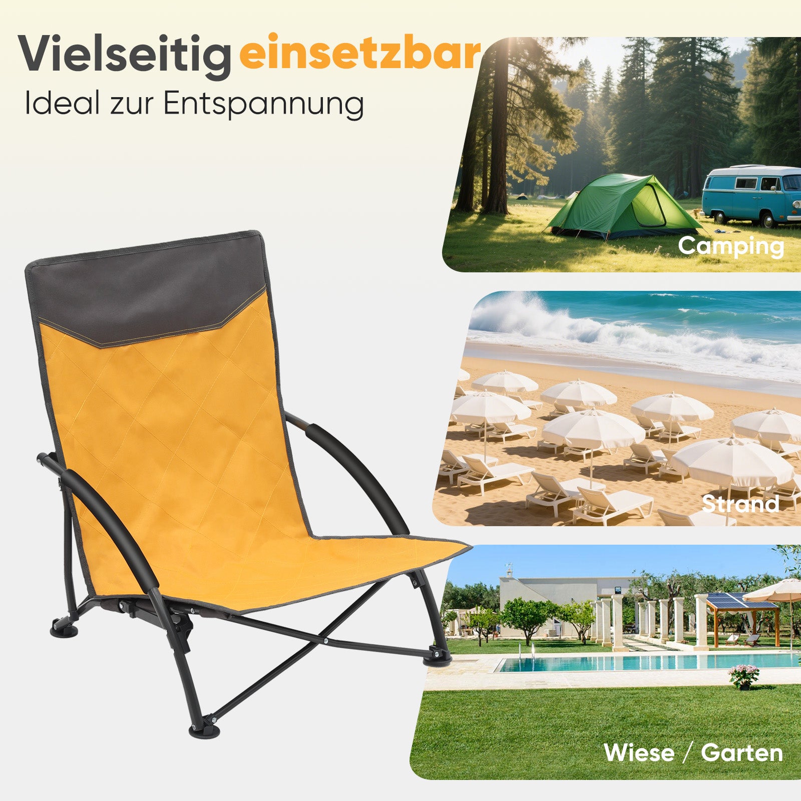 Faltbarer Strandliegestuhl mit gepolsterten Armlehnen – Leichter Campingstuhl bis 200 kg belastbar