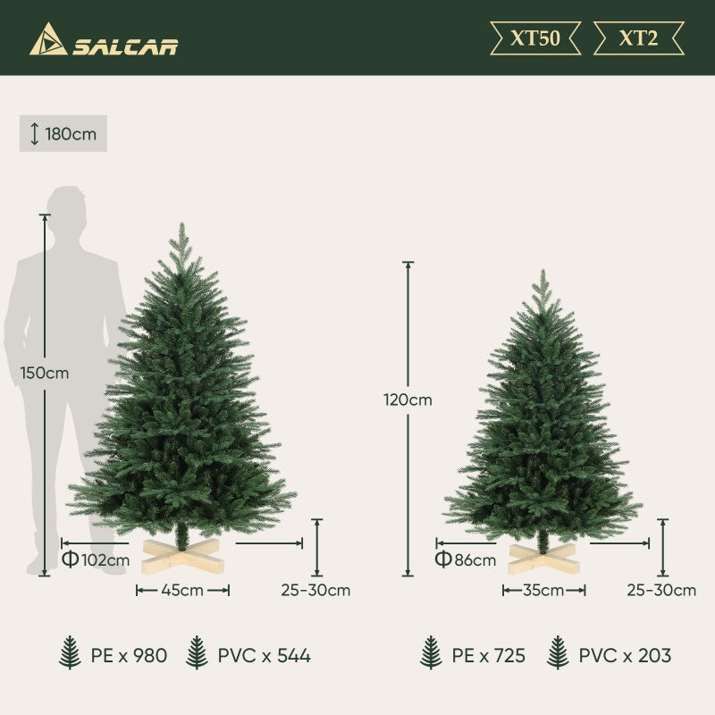 Salcar 120 /150 /180 /210cm Künstlicher Weihnachtsbaum mit Holzständer, Nordmanntanne, mit 725 /980 /1290 /1525 PE-Zweigen und 203 /544 /722 /993 PVC-Zweigen