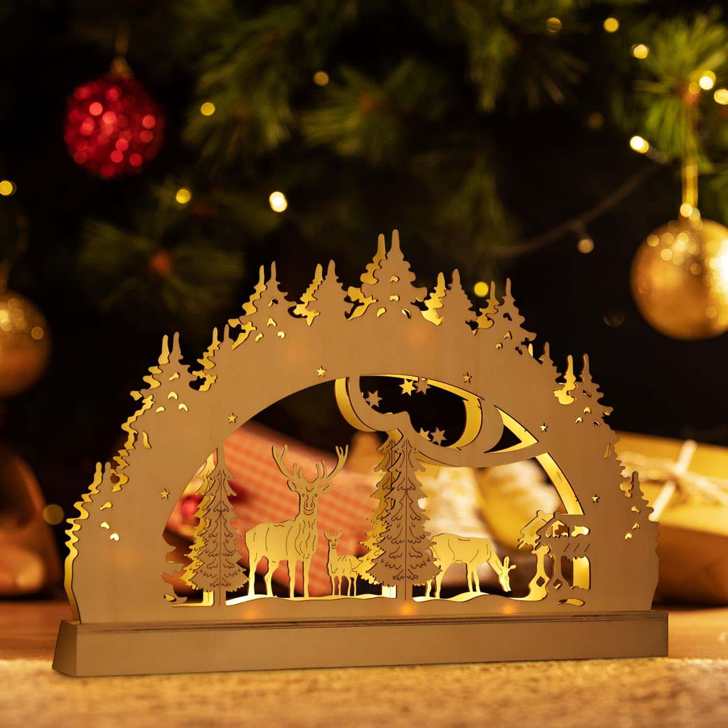 SALCAR LED Schwibbogen Weihnachten mit 10 LEDs – Batteriebetriebener Holz-Lichterbogen, Warmweißes Licht, Weihnachtsdeko für Innen, Fenster & Tisch