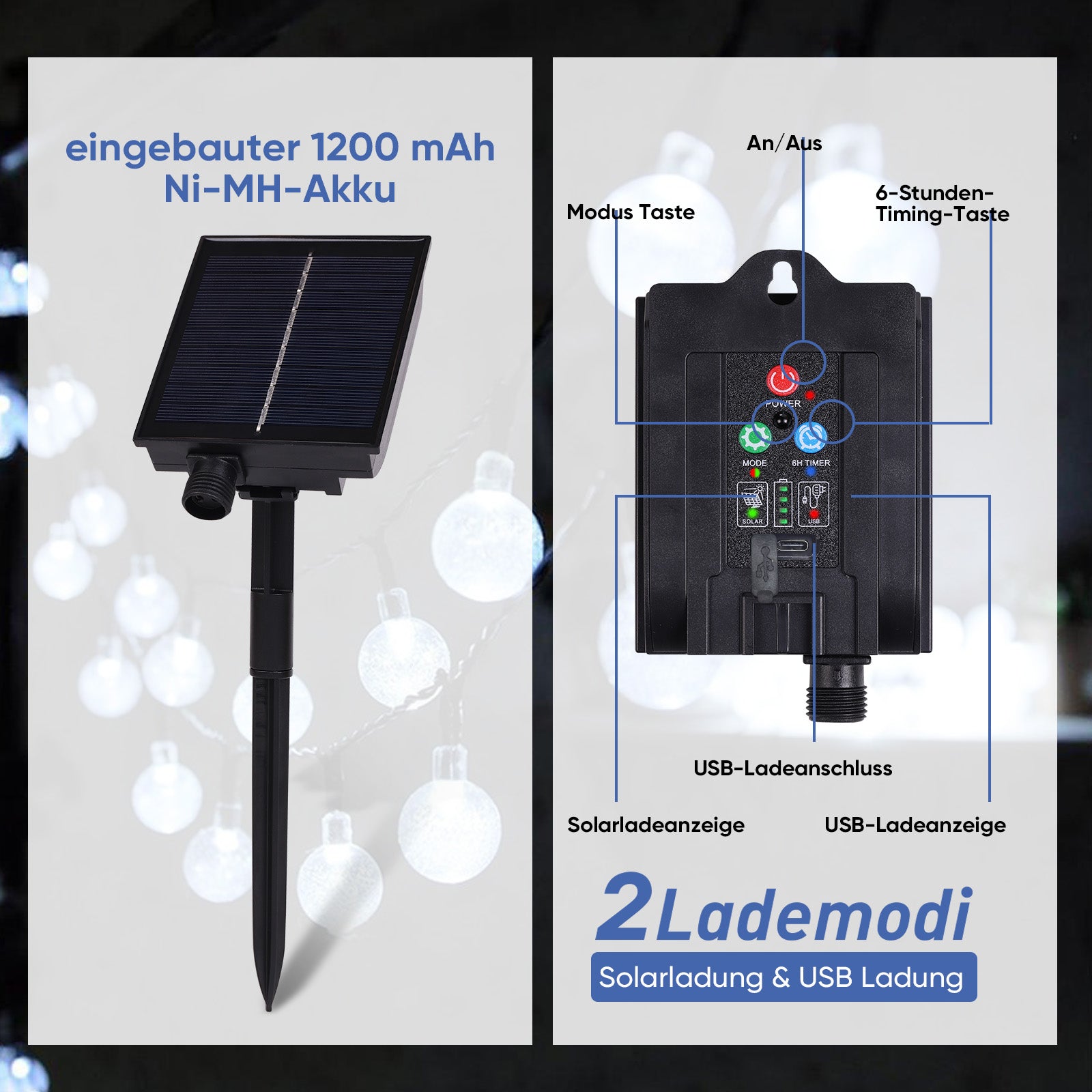 Salcar Solar LED Lichterkette kaltweiß – 15m Kristallkugeln, IP44 wasserdicht, Außenbeleuchtung für Garten, Terrasse, Weihnachten & Partydeko