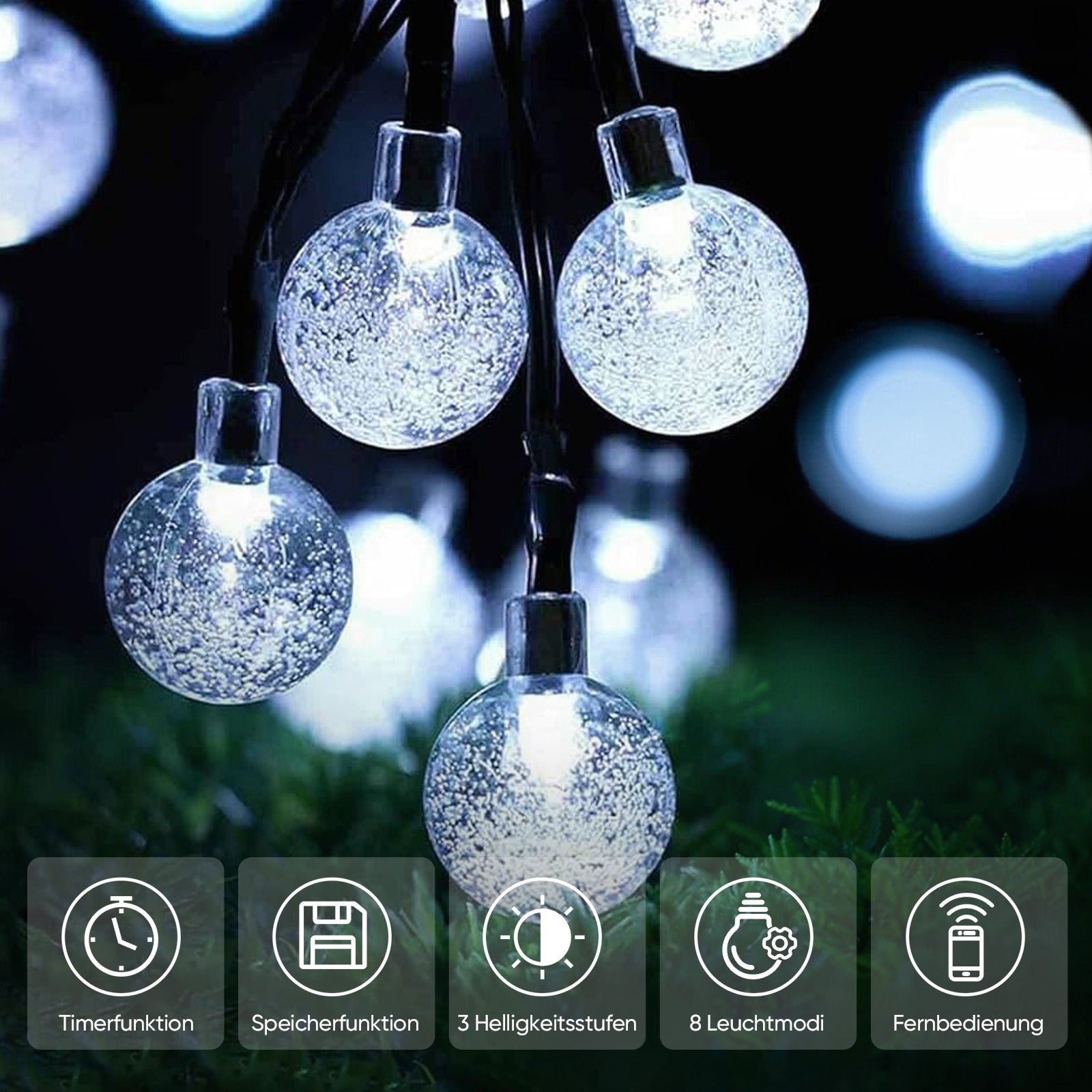 Salcar Solar LED Lichterkette kaltweiß – 15m Kristallkugeln, IP44 wasserdicht, Außenbeleuchtung für Garten, Terrasse, Weihnachten & Partydeko