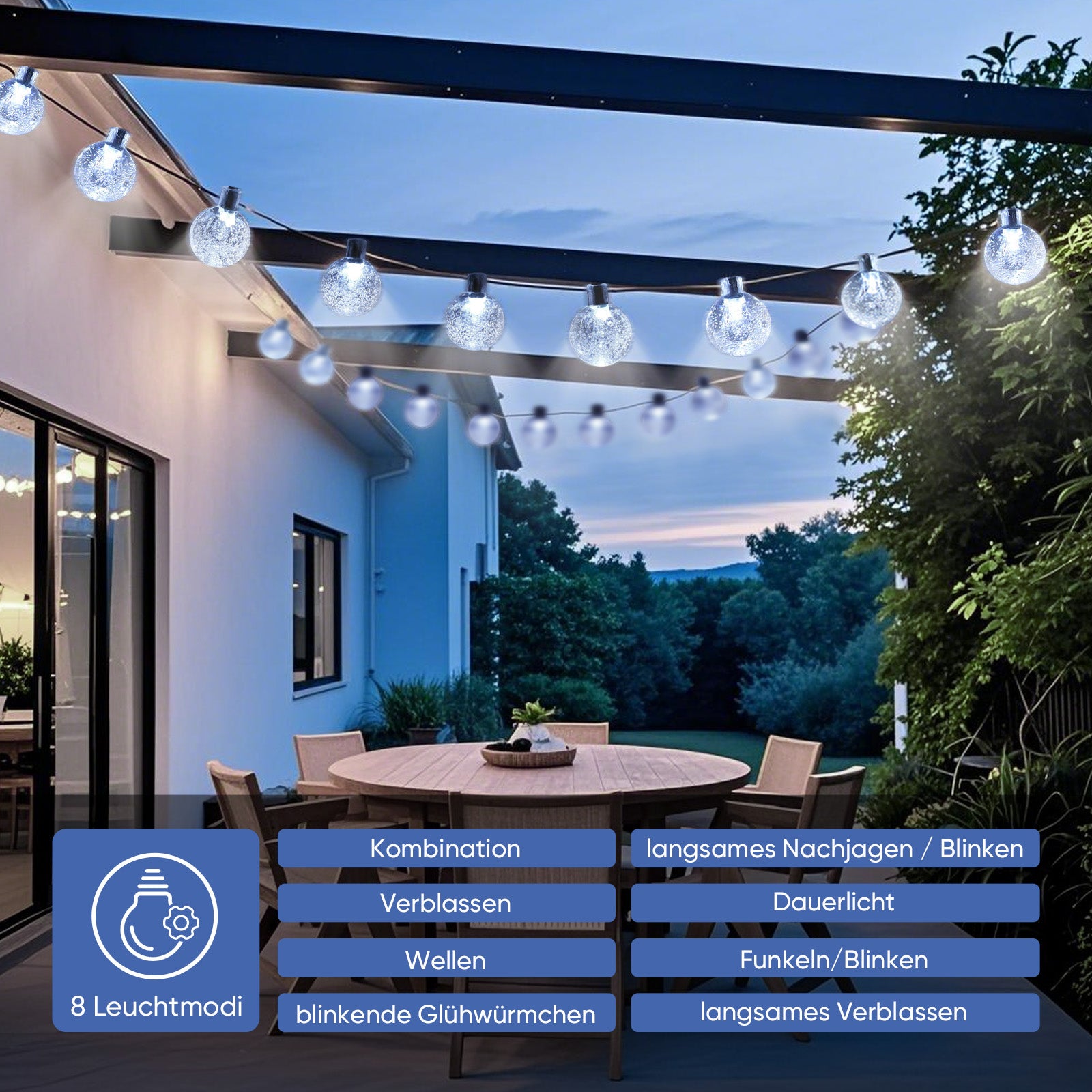 Salcar Solar LED Lichterkette kaltweiß – 15m Kristallkugeln, IP44 wasserdicht, Außenbeleuchtung für Garten, Terrasse, Weihnachten & Partydeko