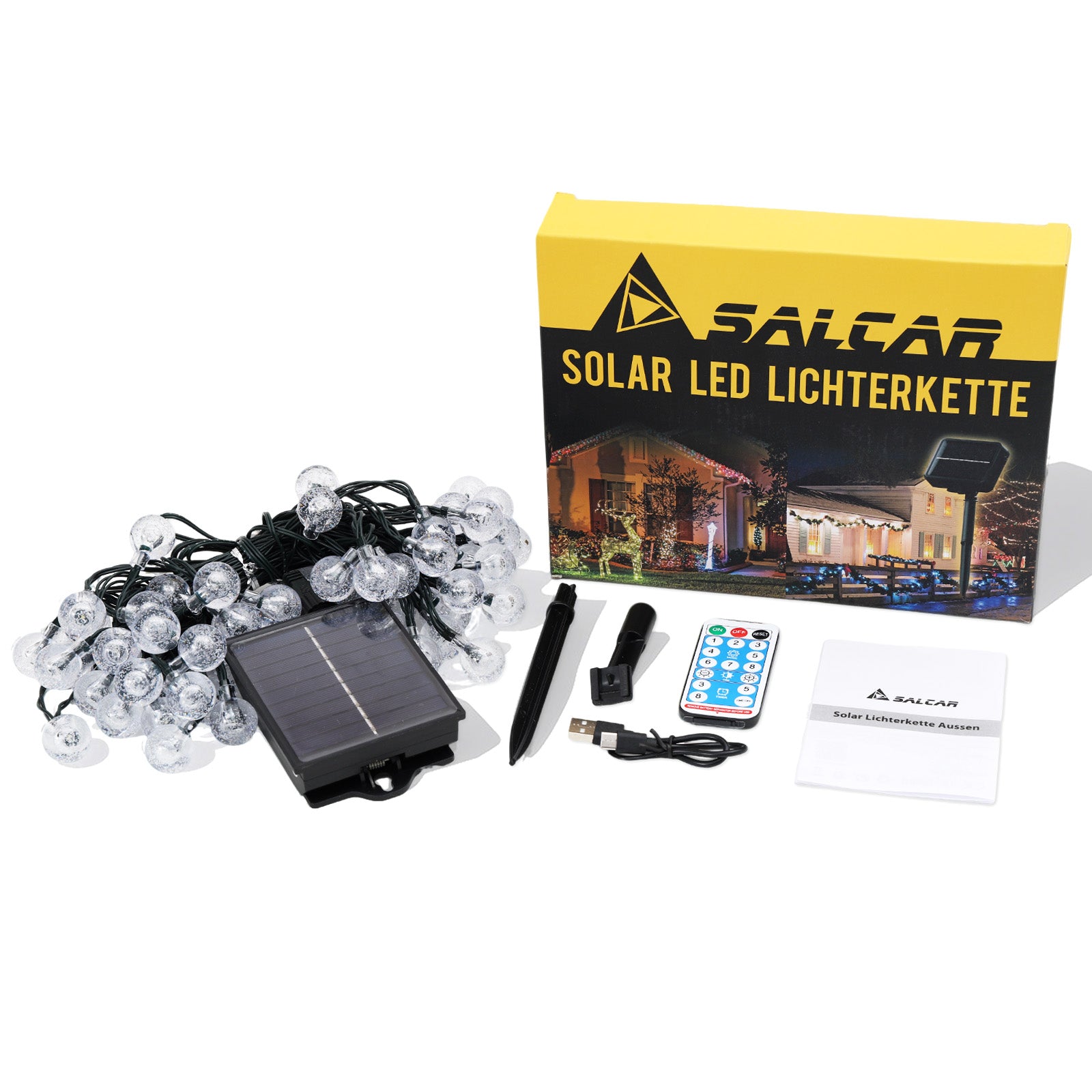Salcar Solar LED Lichterkette kaltweiß – 15m Kristallkugeln, IP44 wasserdicht, Außenbeleuchtung für Garten, Terrasse, Weihnachten & Partydeko