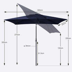 Sekey 300 x 200 cm Alu Sonnenschirm mit Kurbel, Sonnenschutz UV50+