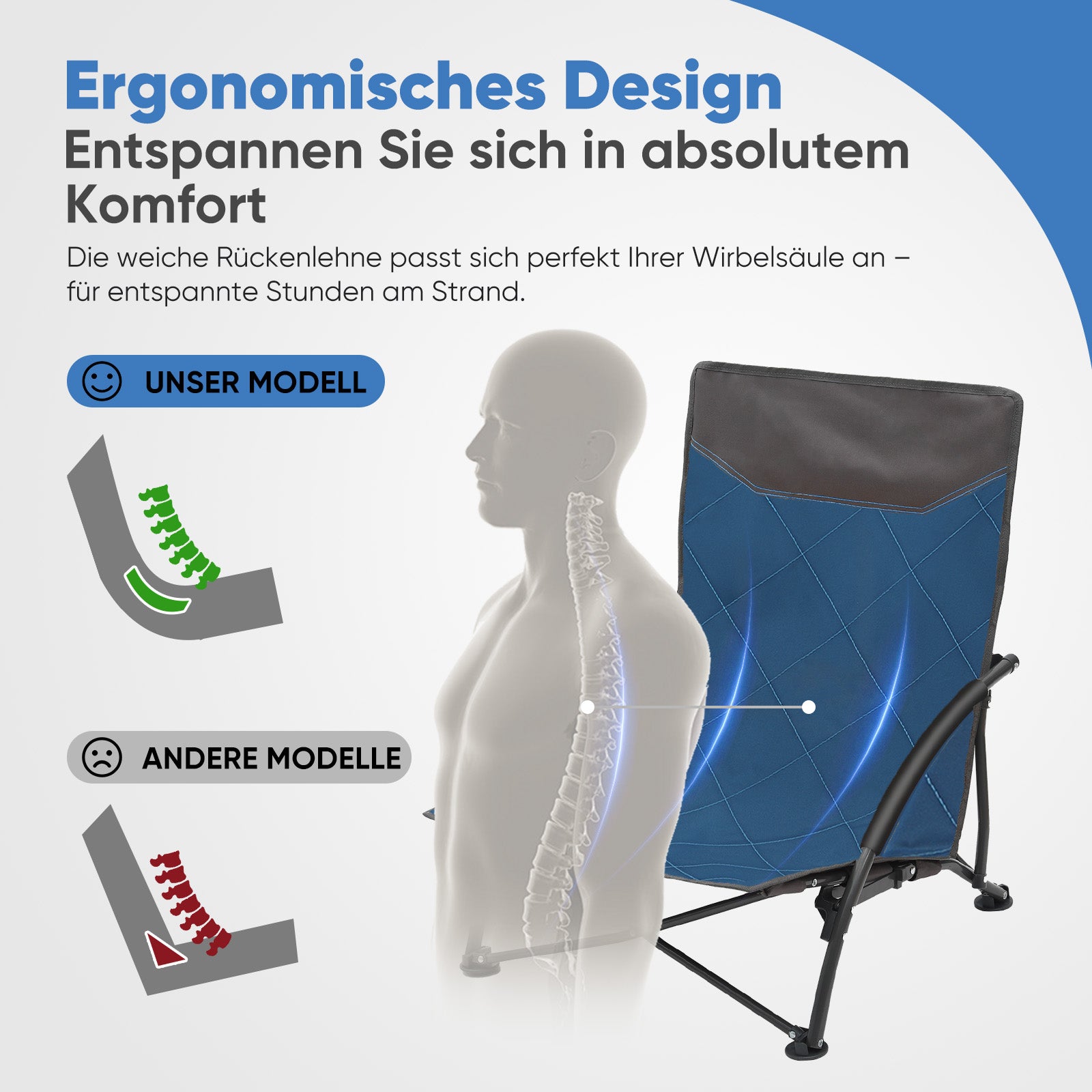 Faltbarer Strandliegestuhl mit gepolsterten Armlehnen – Leichter Campingstuhl bis 200 kg belastbar