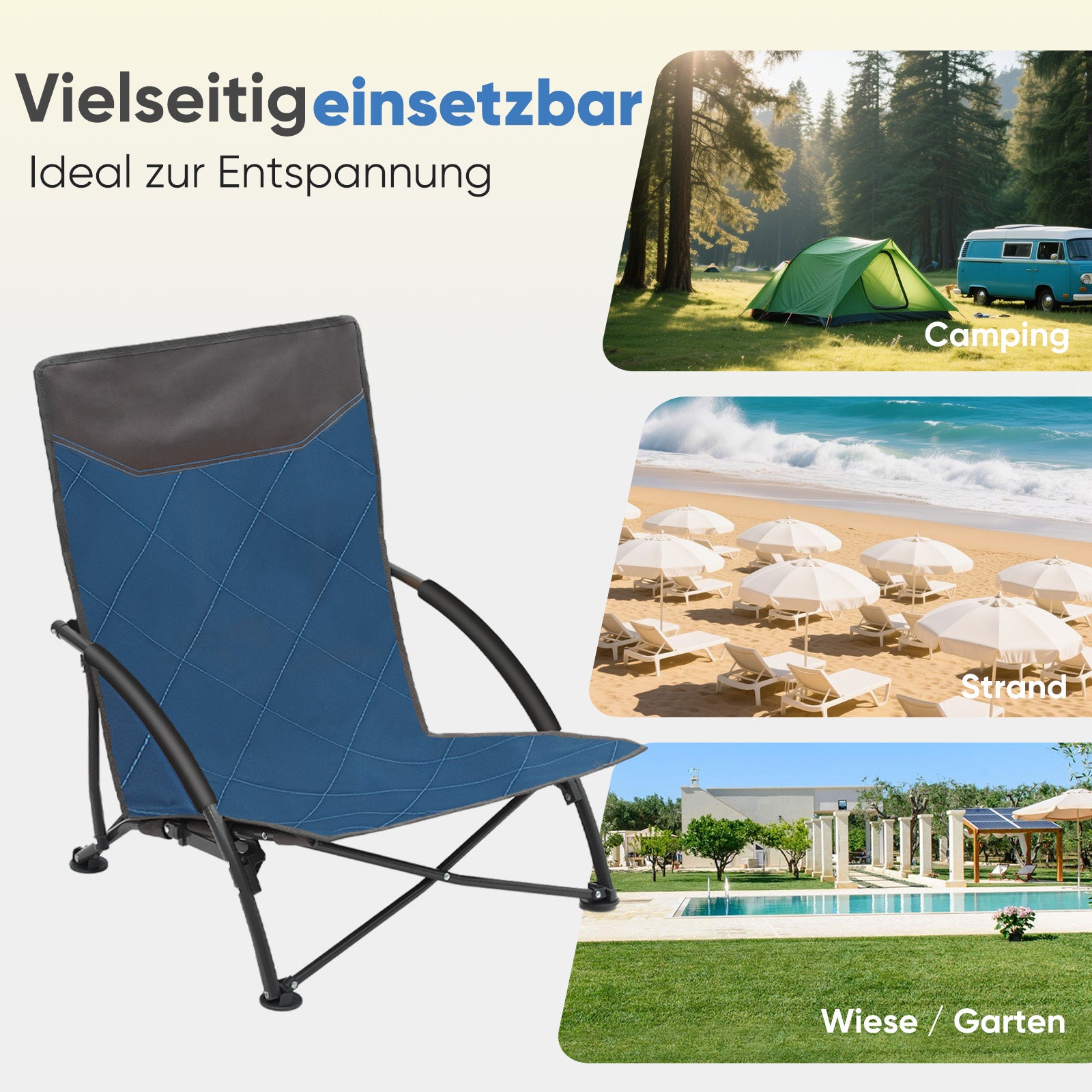 Faltbarer Strandliegestuhl mit gepolsterten Armlehnen – Leichter Campingstuhl bis 200 kg belastbar
