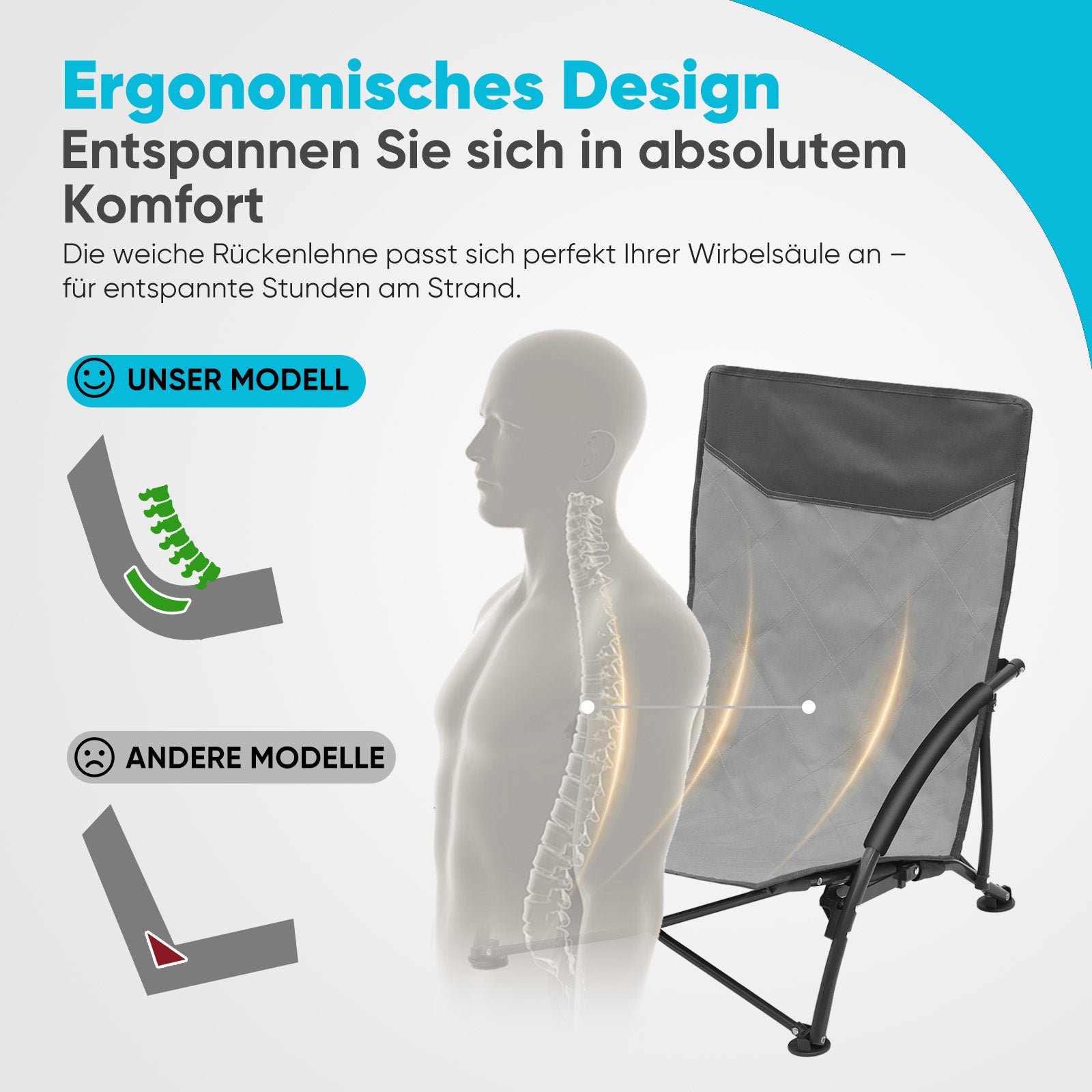Faltbarer Strandliegestuhl mit gepolsterten Armlehnen – Leichter Campingstuhl bis 200 kg belastbar