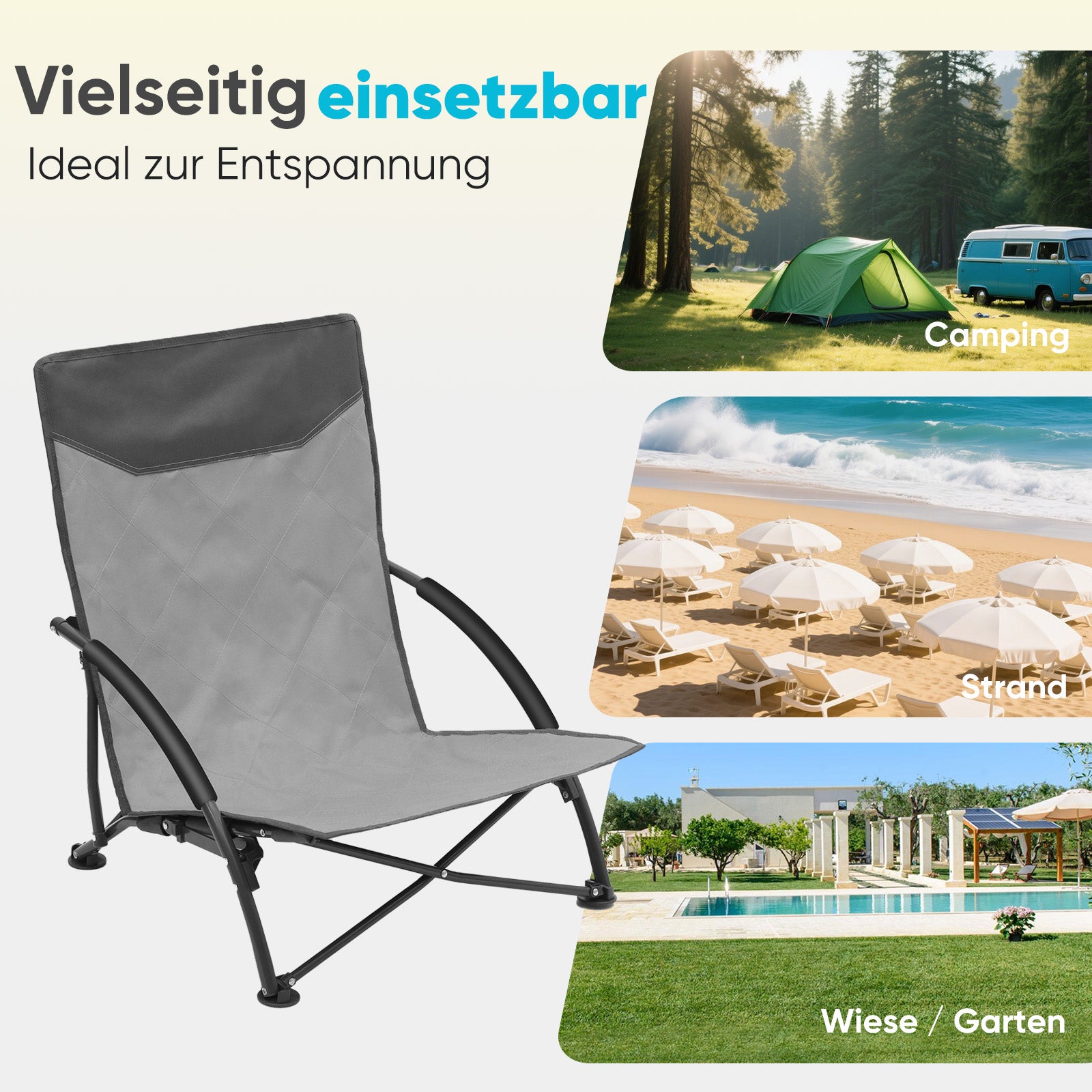 Faltbarer Strandliegestuhl mit gepolsterten Armlehnen – Leichter Campingstuhl bis 200 kg belastbar