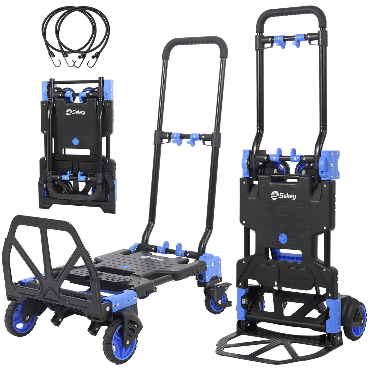 Sekey 2-in-1 Klappbare Sackkarre & Transportwagen – 150 kg Tragkraft, Leichter Alurahmen, TPR-Doppellagerräder, Feststellbremse & Höhenverstellbarer Griff, inkl. 2 Expanderseile