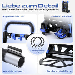 Sekey 2-in-1 Klappbare Sackkarre & Transportwagen – 150 kg Tragkraft, Leichter Alurahmen, TPR-Doppellagerräder, Feststellbremse & Höhenverstellbarer Griff, inkl. 2 Expanderseile