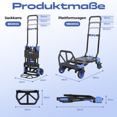 Sekey 2-in-1 Klappbare Sackkarre & Transportwagen – 150 kg Tragkraft, Leichter Alurahmen, TPR-Doppellagerräder, Feststellbremse & Höhenverstellbarer Griff, inkl. 2 Expanderseile