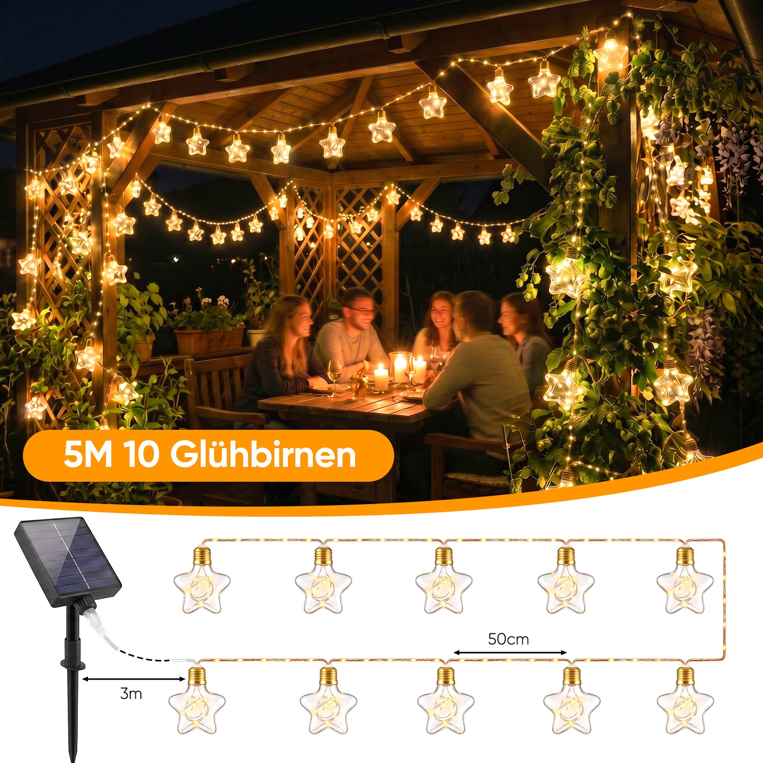 Detailaufnahme der Vintage Hanfseil Lichterkette mit 149 warmweißen LEDs und dekorativen Glühbirnen