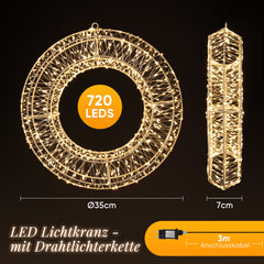 SALCAR LED Light Wreath Ø35cm &amp; Ø55cm, 720-1440 LEDs, Metal Wreath, Christmas Decoration for Windows &amp; Doors, 8 Modes, Timer &amp; Memory, IP44 Waterproof, Indoor &amp; Outdoor, Warm White