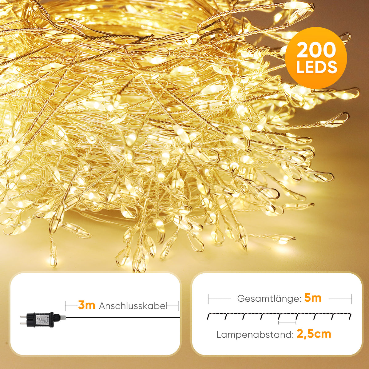 SALCAR LED Cluster Lichterkette aus Kupferdraht – 5m/10m/15m/20m, 200–800 LEDs, Wasserdicht, 8 Modi, Timer & Memory, für Innen & Außen, Weihnachtsbaum, Garten, Hochzeit, Party – Warmweiß
